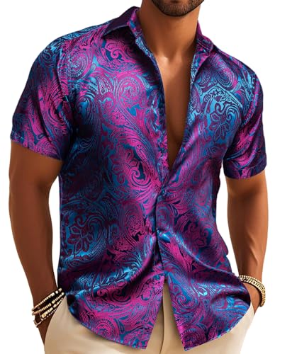 Mens Silk Shirt Paisley Floral Jacquard Short Sleeve Button Down Dress Beach Shirts Formal Casual Wedding Party Blue Purple