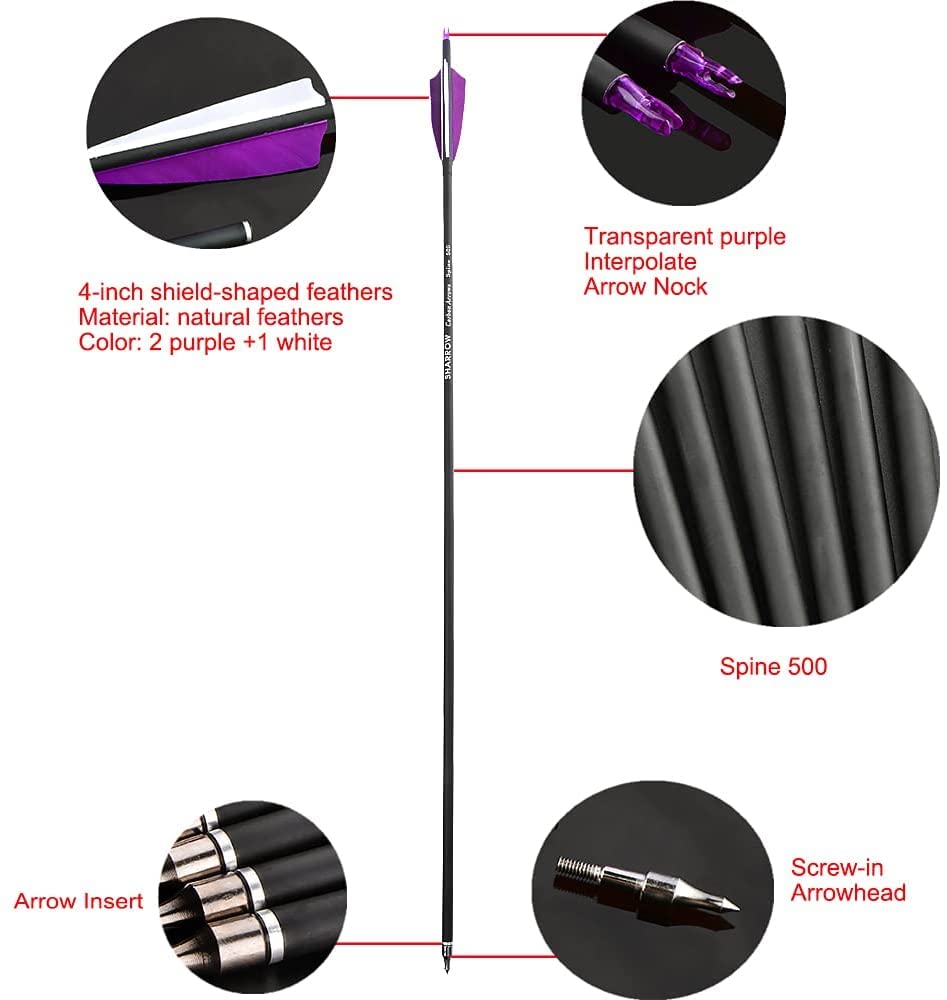 Pfeile für Traditionelle Bogenschießen 30 Zoll Bogenpfeile Carbon Pfeile Jagdpfeile Spine 500 Pfeile mit 4'' Befiederung für Recurvebogen Traditionellen Bogen Pfeile Pfeilspitzen