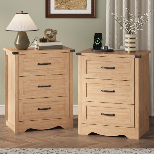 Image of Xixini Nightstand Set of 2 with Charging Station, Oak 3-Drawer Side Table