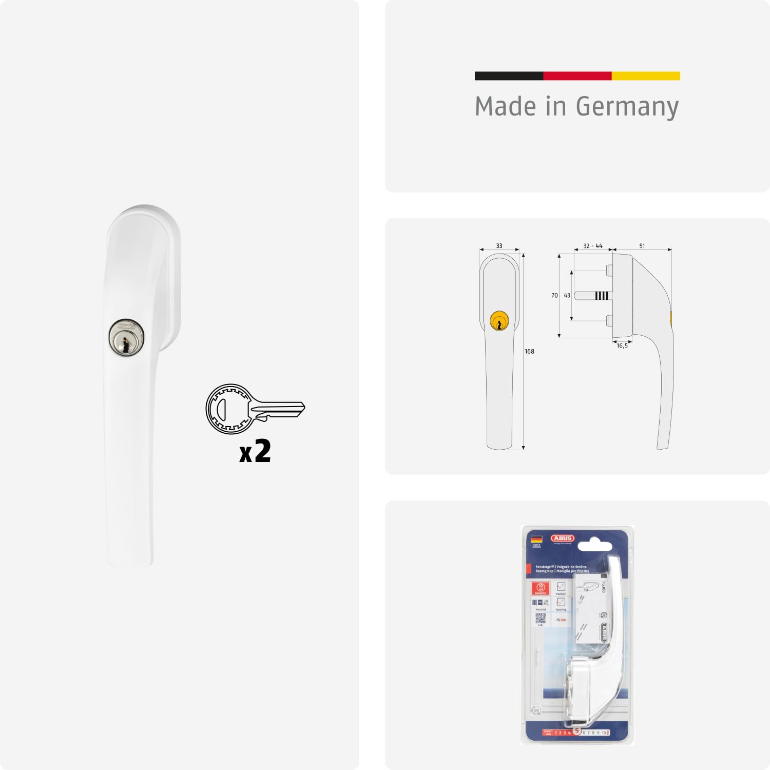 ABUS Abschließbarer Fenstergriff FG300 AL0089 - Fensterknauf mit Druckzylinder, gleichschließend - ABUS-Sicherheitslevel 5-37378 - weiß