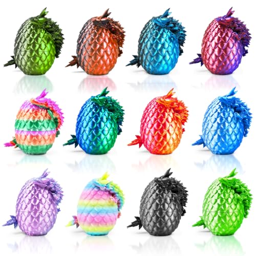 TUTHKOTH 12PCS 3D Printed Crystal Dragon & Egg Set - 12 Unique Colors - 5.12 Inch Glitter Dragons with 2.36 Inch Surprise Eggs - Blind Box Collectible Toys for Adults - Fantasy Party Favors Gift
