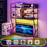 YOURLITE Desktop Bookshelf, 3-Tier Desktop Bookcase with RGB Lights, Multipurpose Desk Hutch with Grid Panel, Wood Desk Shelf Organizer for Office, Home, Gaming Room (Black) - Image 7