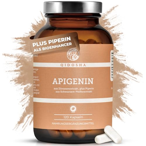QIDOSHA Apigenin 200mg je Kapsel 120 Stk/Glas plus Piperin als Bioenhancer pflanzliches Apigenin aus Zitronenextrakt deutsche Fertigung jede Charge laborgeprüft