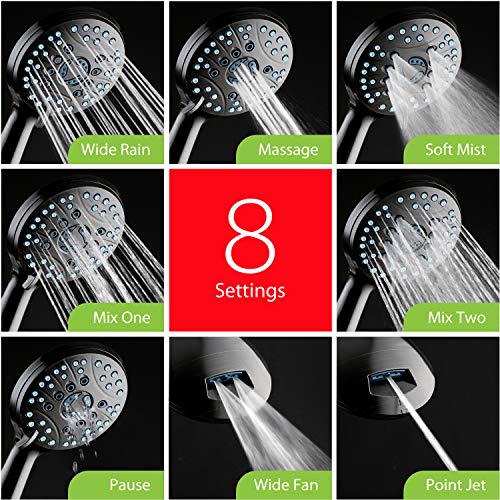 AquaCare High Pressure 8-mode Handheld Shower Head - Anti-clog Nozzles, Built-in Power Wash to Clean Tub, Tile & Pets, Extra Long 6 ft. Stainless Steel Hose, Wall & Overhead Brackets