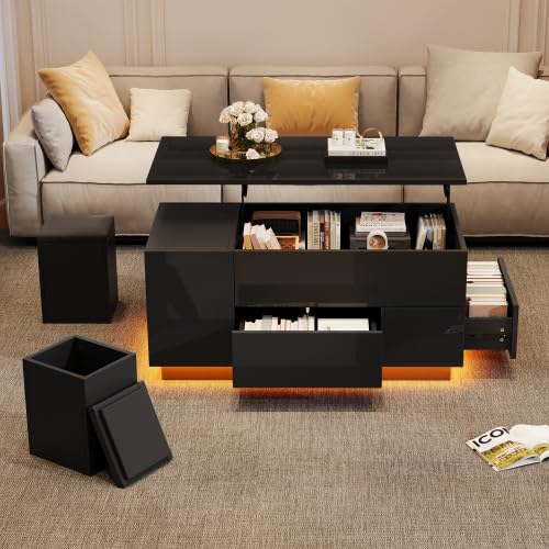 Merax Table basse 4 en 1 noire réglable en hauteur avec éclairage LED - 100 x 50 x 45 cm - Table basse avec 2 tiroirs et 2 tabourets - Espace de rangement...