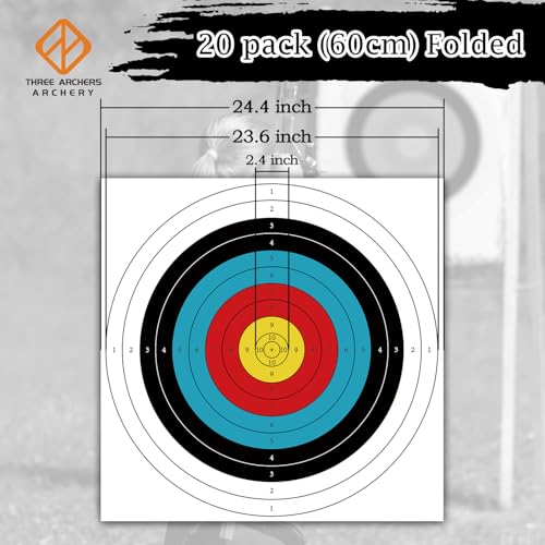 THREE ARCHERS Archery Targets Paper 20pcs Standard Archery Target for Backyard 23.6In 10 Ring Bow and Arrow Targets Face for Hunting & Shooting Archery Accessories for Target Practice