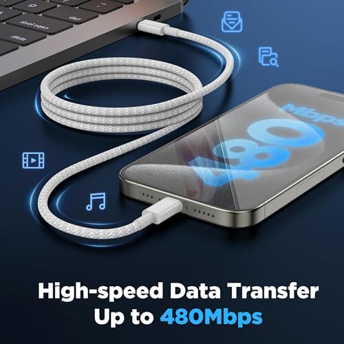 Image of 80W USB C To Type C Charger Cable A- 1M Nylon Braided Fast Charging Cable Compatible With Macbook, iPhone 15 /14, OnePlus, Samsung, PD Power Delivery & Data Sync, White