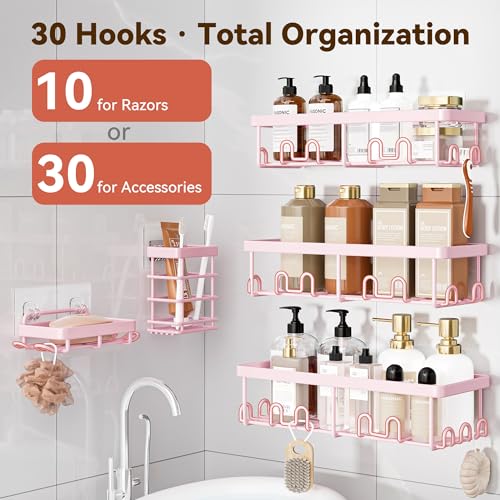 Image of YASONIC Shower Caddy Adhesive, 100% Rustproof Shower Organizer with Soap and Toothbrush Holder, Large Capacity Shower Shelves for Inside Shower, No Drill Shower Storage for Home (5 Pack Pink)
