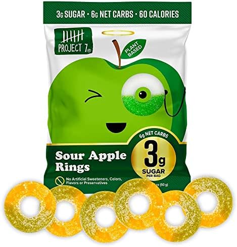 Project 7 Low Sugar Sour Apple Rings – Keto Candy & Vegan Candy with 3g Sugar & 6g Net Carbs – Low Calorie Snacks for Kids and Adults – Vegan Gummy Candy with no Sugar Alcohols, 1.8 Ounce (Pack of 8)