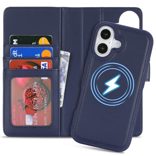 Pochette iPhone 17 étui à rabat cuir bleu et coque magnétique amovible