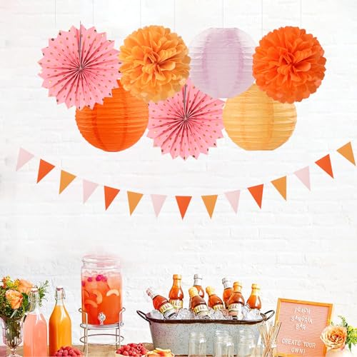 Image of Pink-Orange Groovy Party-Decorations - 20pcs Fall Autumn Thanksgiving Harvest Paper Streamers Lanterns Fans,Tissue Pom Poms,Honeycomb Balls,Bunting,Birthday Baby Bridal Shower Wedding Decor Burgleda