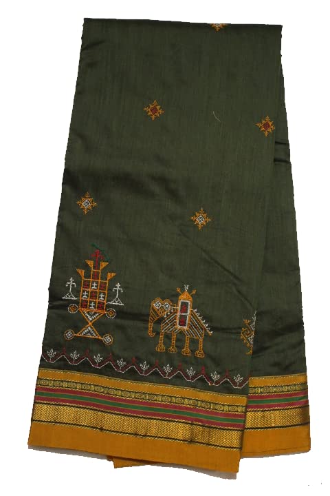 Image of Women Ilkal Cotton Blended Silk Kasuti Embroidery Saree with Traditional Stripe Pallu Unstitched Blouse Pattu
