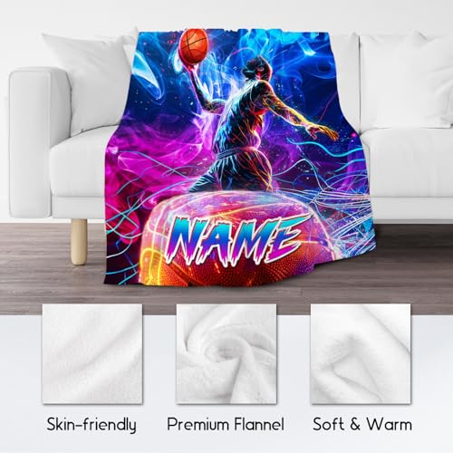 Basketball Blanket Gifts, Custom Blankets for Boys, Personalized Kids Throw with Name, Soft Fleece Sport Throw for Couch & Sofa, 50"x60"