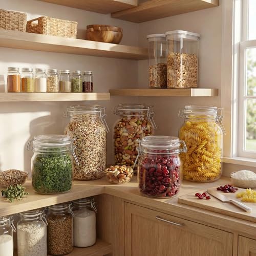 Image of 32 oz Round Glass Jars with Airtight Lids, 4 Pack Mason Jar with Clamp Lids | Air Tight Glass Food Storage Containers with Lids Keep Food Dry & Fresh, Best Canister for Flour, Sugar, Cereal, Rice, Coffee