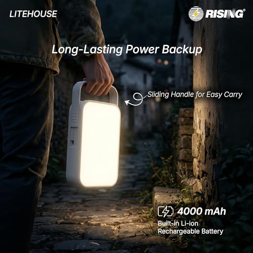 Image of RISING LITEHOUSE Rechargeable Emergency Light for Home | 4000mAh Li-ion Battery | 12W Bright LED | 180 Degree Light | Upto 10 Hours Back Up | Easy Sliding Handle | Type-C Charging + Power Bank