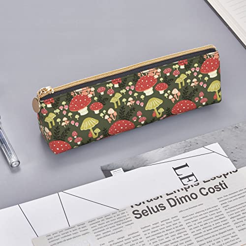 Image of Mushrooms Pattern Leather Pencil Case Zipper Pen Makeup Cosmetic Holder Pouch Stationery Bag for School, Work, Office