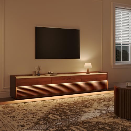 Image of POVISON Fully-Assembled Mid Century Matte Sintered Stone TV Stand, 94.49 inch Wood Media Console with Adjustable LED Light, Entertainment Center with Storage for Living Room