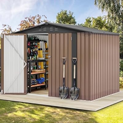 DWVO 8x6FT Outdoor Storage Shelter, Roomy Steel Tool Shed with Secure Entrances & Air Circulation for Patio, Lawn, and Backyard, Ideal for Storing Garden Gear, Lawn Tools, and Bikes, Brown