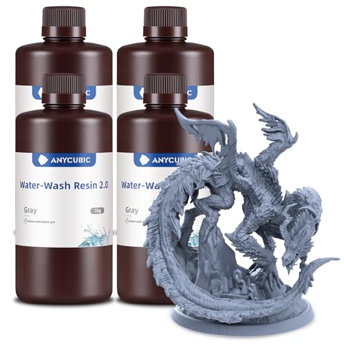 ANYCUBIC Wasser Abwaschbar Resin 2.0, 3D Drucker Resin Water Washable, Anti-Vergilbung, UV Resin 405nm Standard Photopolymer Harz Geringer Geruch für alle LCD 3D Drucker, Grau, 1kg, 4pcs Gra