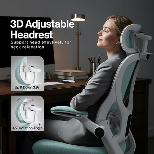 Image of DROGO Ergonomic Office Chair for Work from Home with Breathable Mesh, Flip-up Armrest, Adjustable 3D Headrest & Lumbar Support | Computer Chair for Study | Gaming Chair with 130 Recline (White /Green)