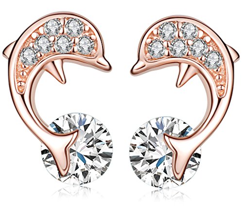 Yumilok Boucle d'oreille en argent 925 clou et puce femme fille en forme dauphin orné zircon...