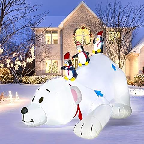 ALLADINBOX 8 Feet Christmas Inflatable Decoration Penguins Fishing on Big Polar Bear, with LED Lighted Blow-Up Yard Party Decor Xmas Outdoor Indoor Home Garden Family Prop Yard Gift Set Cover