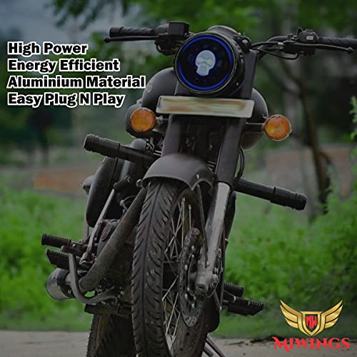 Image of Miwings Round LED Skull Style Hi /Low Beam 75W H4 Headlight Compatible with Royal Enfield, Jeep, Thar, Motorcycle, Cars, Harley Davidson, Amber & White, 7 inch