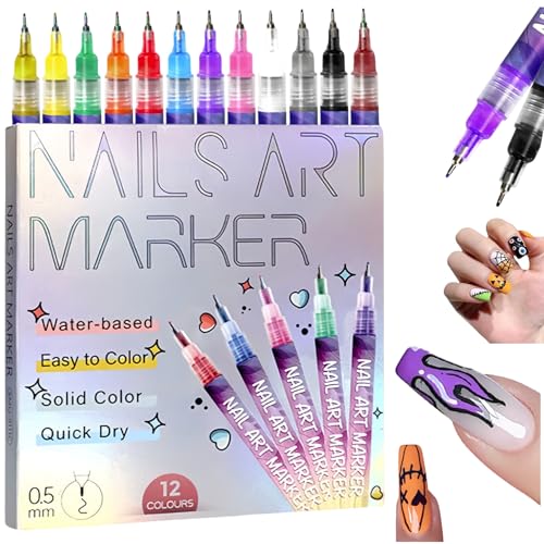 12 Colors Nail Art Pens Set, Nail Art Markers for Gel Nails DIY Nail Art Marker Drawing Painting 3D Nail Polish Pens, Quick Dry Dotting Point Liner Pens (12 Pcs)