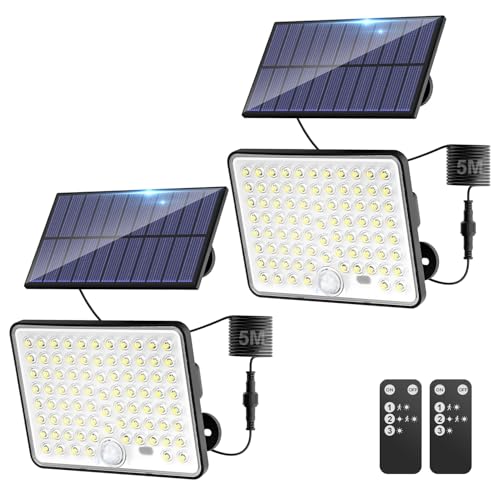 Kolpop Solar Lights Outdoor Garden with Lenses,3 Modes Remote Solar Security Lights Outdoor Motion Sensor, IP65 Waterproof Solar Powered Pir Flood Light for Shed Outdoor Porch Yard Garage, 2 Pack