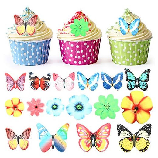 BBTO 100 Pieces Edible Flower Cupcake Toppers and Butterfly Cake Decorations Mixed Size Realistic Dessert Food Decor for Baby Shower Wedding Anniversary Kids Girls Women Birthday Party Favors Supplies