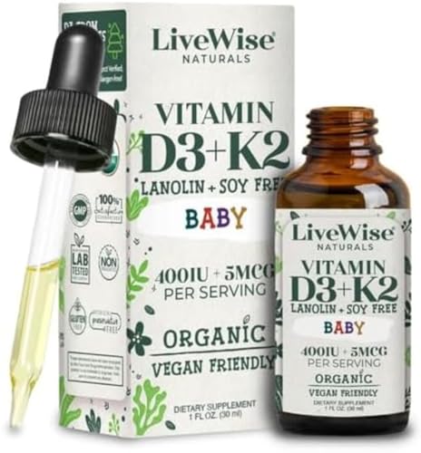 Image of LiveWise Naturals Baby Vitamin D3-K2 Liquid Supplement, Vitamin Drops for Infants and Toddlers, for Healthy Growth, Development and Daily Wellness, Easy-to-Use Dropper in Glass Bottle, 1 Fl Oz