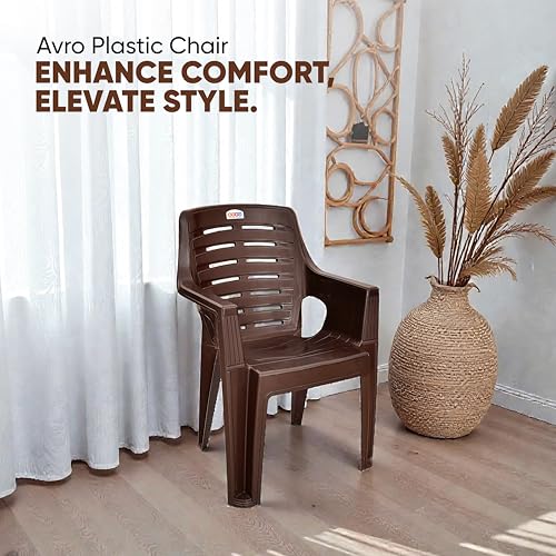 Image of AVRO Furniture 4003 Heavy Duty Plastic Chair for Home, Office & Outdoor, Solid Back Support, Comfortable Seating with Arm, Ergonomic and Stackable, Pre-Assembled, 150 Kg Capacity, Set of 2, Brown