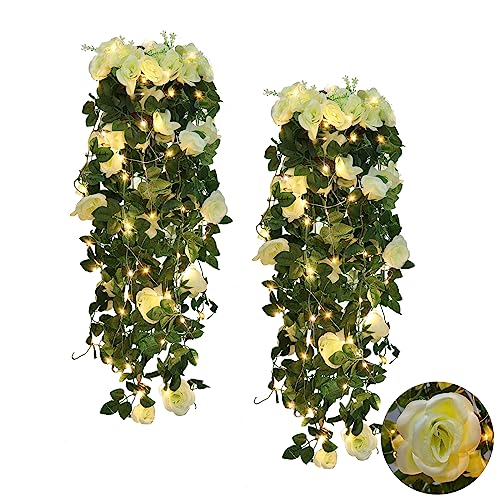 ASDJHFABKY Künstliche Pflanzen zum Aufhängen, 2 Stück, 1 m, Rosenpflanze, Blumen, Ranken, Hochzeit (weiß)
