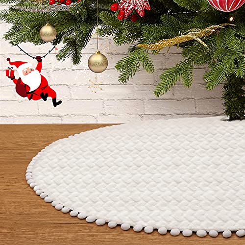 Christmas Tree Skirt: 36 inches Luxury Faux Fur Christmas Tree Skirt Beige Christmas Xmas Tree Skirt with Hand-Sewn Pompoms Soft Thick Plush Tree Skirt for Christmas Tree Cover
