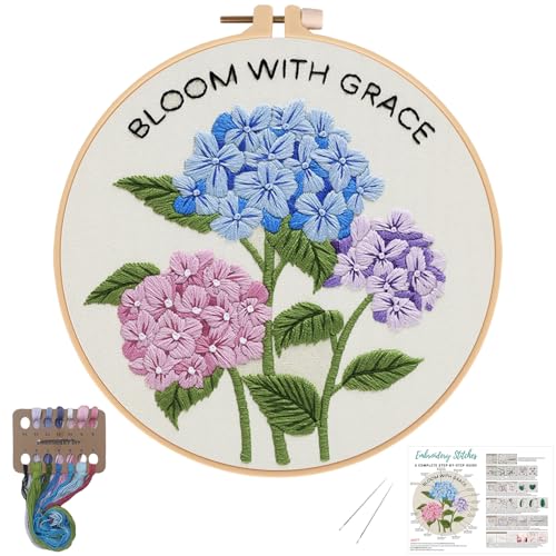 Image of Nuberlic Hydrangea Embroidery Kits for Beginner Adults Cross Stitch Kit with Stamped Pattern Include Cloth Hoops Threads Needles