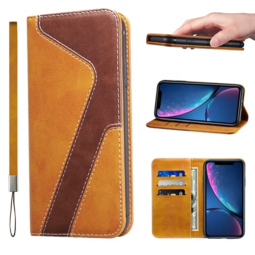 LANJLM iPhone XR Case PU Leather Wallet Case Card Holder Shockproof Flip Cover - Brown khaki