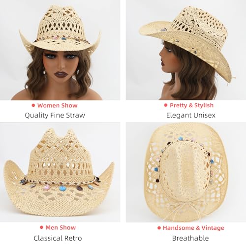 Image of Straw Cowboy Hat, Western Cowgirl Hat, Wide Brim Sun Beach Hat for Men and Women