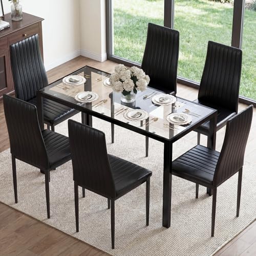 Gyfimoie 7-Piece Black Dining Table Set Glass Kitchen Table and 6 PU Leather Chairs Compact Dining Room Set for Small Space Modern Dining Room Sets for Home Kitchen(120 * 75 * 60CM)