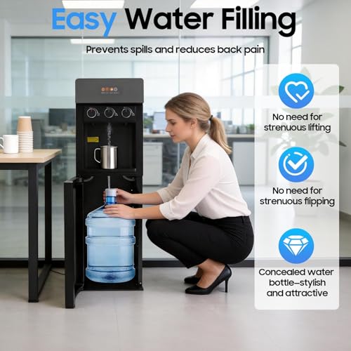 Image of Bottom Loading Water Cooler Dispenser for 3 or 5 Gallon Bottles,3 Temperature Settings Hot,Cold & Room Water Dispenser with Empty Bottle Alert,Stainless Steel Finish,for Office Home