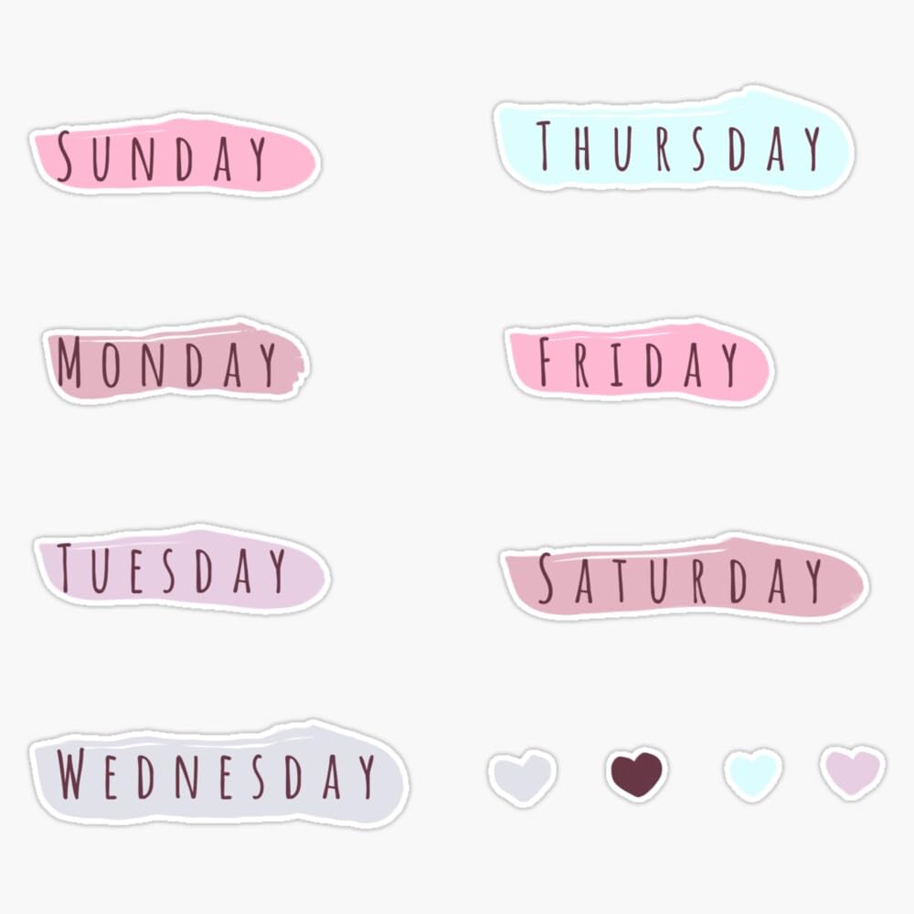 Days of The Week Pack for Bullet Journaling with Cute Pastel Design Sticker Vinyl Waterproof Sticker Decal Car Laptop Wall Window Bumper Sticker 5"