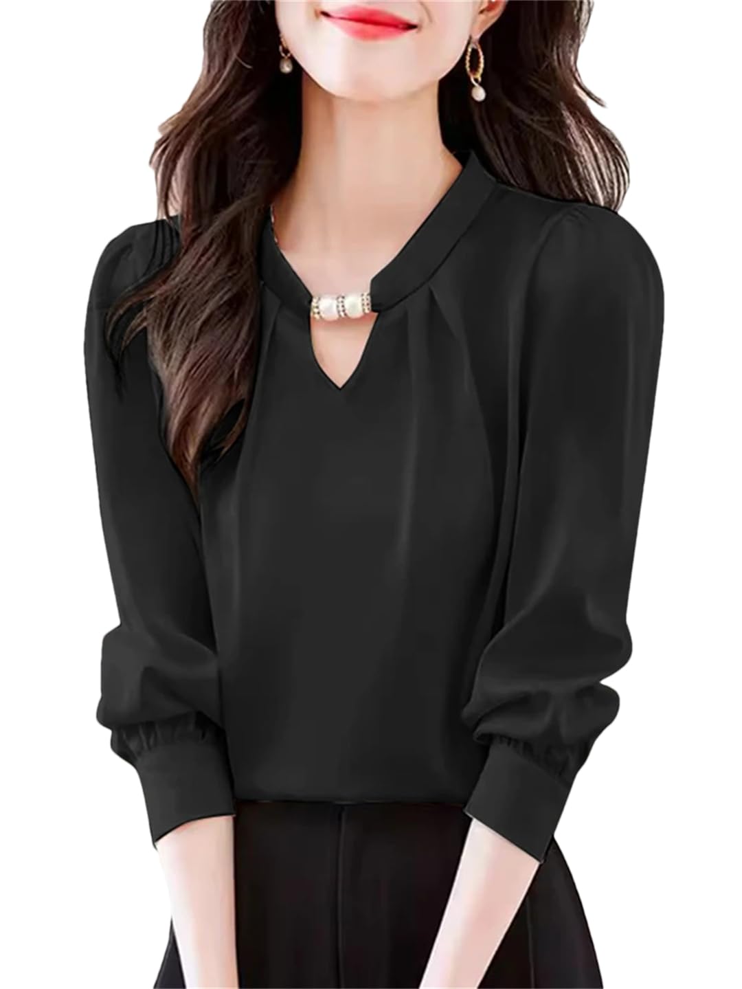 Camisa de manga larga para mujer con cuentas recortadas para oficina, informal, color liso, satén