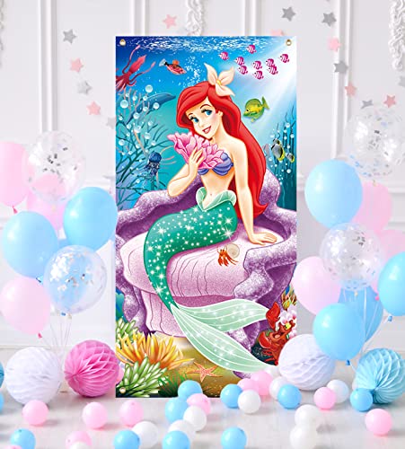 72X36Inch Girls Under The Sea Princess Birthday Door Cover Banner Ocean Coral Reef Tropical Fish Party Banner Princess Kids Happy Birthday Party Indoor Outdoor Yard Door Supplies #TOP1