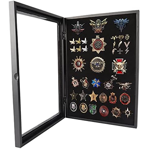 Pin collectors display case,pin badge display Case Military shadow box frame,Wooden Display Case for badges and medals, Pin Enthusiast Collectibles Gift-black Cover