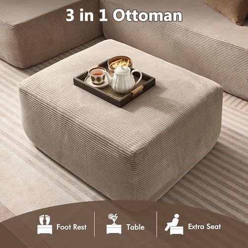 Image of HOOOWOOO Cloud Sectional Couch for Living Room,Modular Sectional Sofa No Assembly,Matching Plush Corduroy Ottoman(Beige)