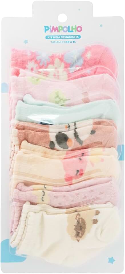 Kit 7 Pares Meia Estampada Semaninha Bebê Menina, Estampa 1, Algodão, nº 00-15