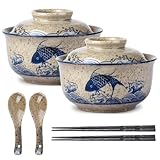 Juego de 2 cuencos de ramen, 800 ml, juego de ramen de cerámica con cuchara, palillos japoneses, cuenco de sopa con tapa, vajilla asiática para hogar y restaurante