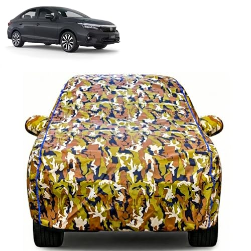 Image of Waterproof Car Body Cover for Honda City with Mirror Pocket| Cotton Inner Lining | Triple Stitched | All Weather Protection | Dust, UV & Rain Proof (Camouflage with Blue Piping)
