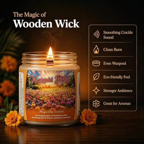 Image of Scented Candle (142g)| Marigold Flicker Glass Jar Scented Candles with Wooden Wick | Long Lasting Aromatic Fragrance for Home Decor