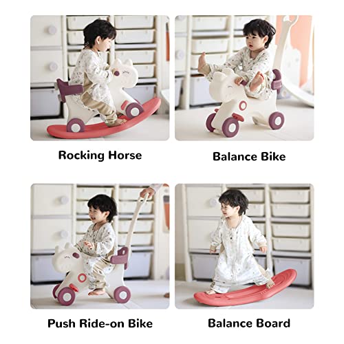 4 in 1 Rocking Horse for Toddlers 1-3 Years Old, Balance Bike Ride On Toys with Push Handle, Backrest and Balance Board for Baby Girl and Boy, Unicorn Kids Riding Birthday (Red) - Image 3