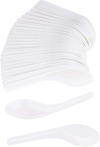 Juvale Paquete de 100 cucharas de sopa asiáticas – Cucharas de sopa chinas desechables de plástico para aperitivos, ramen, pho, blanco, 4.5 x 1.2
